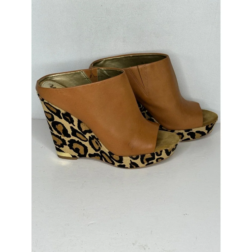 Sam Edelman Kylie Tan Leather Leopard Hair Wedge Peep Toe Mules Mob Wife8.5
